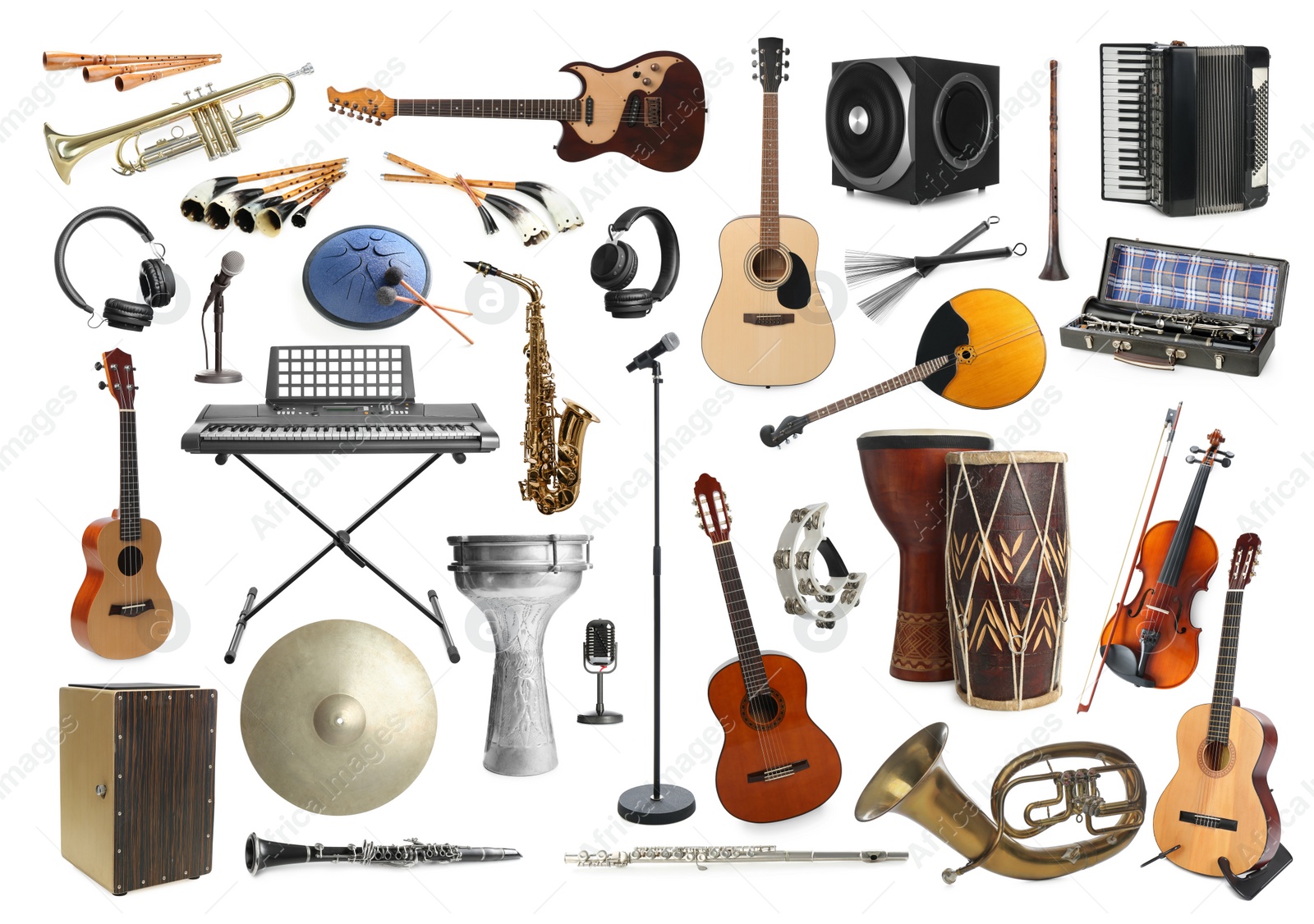 Image of Collection of different musical instruments on white background