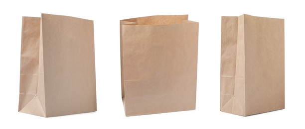 Image of Set with paper bags on white background. Banner design