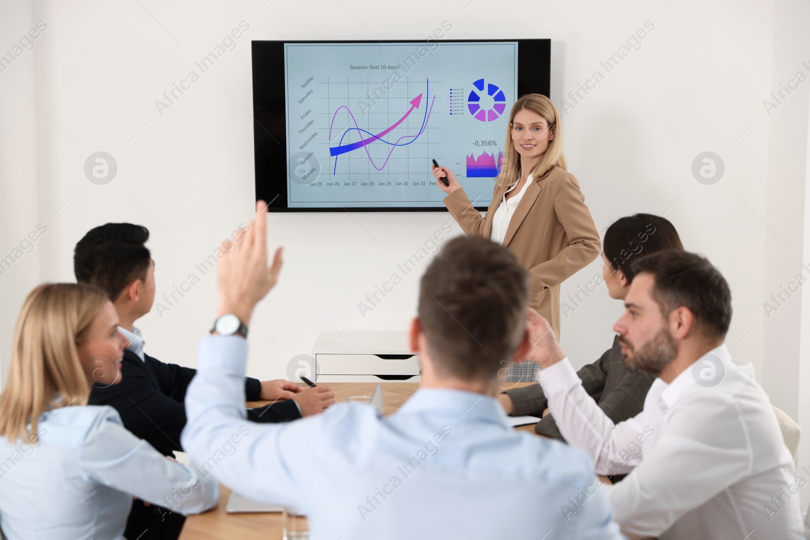 Photo of Businesswoman showing charts on tv screen in office