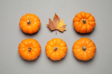 Flat lay composition with pumpkins and autumn leaf on grey background