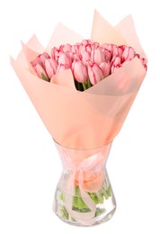 Bouquet of beautiful pink tulips in vase isolated on white
