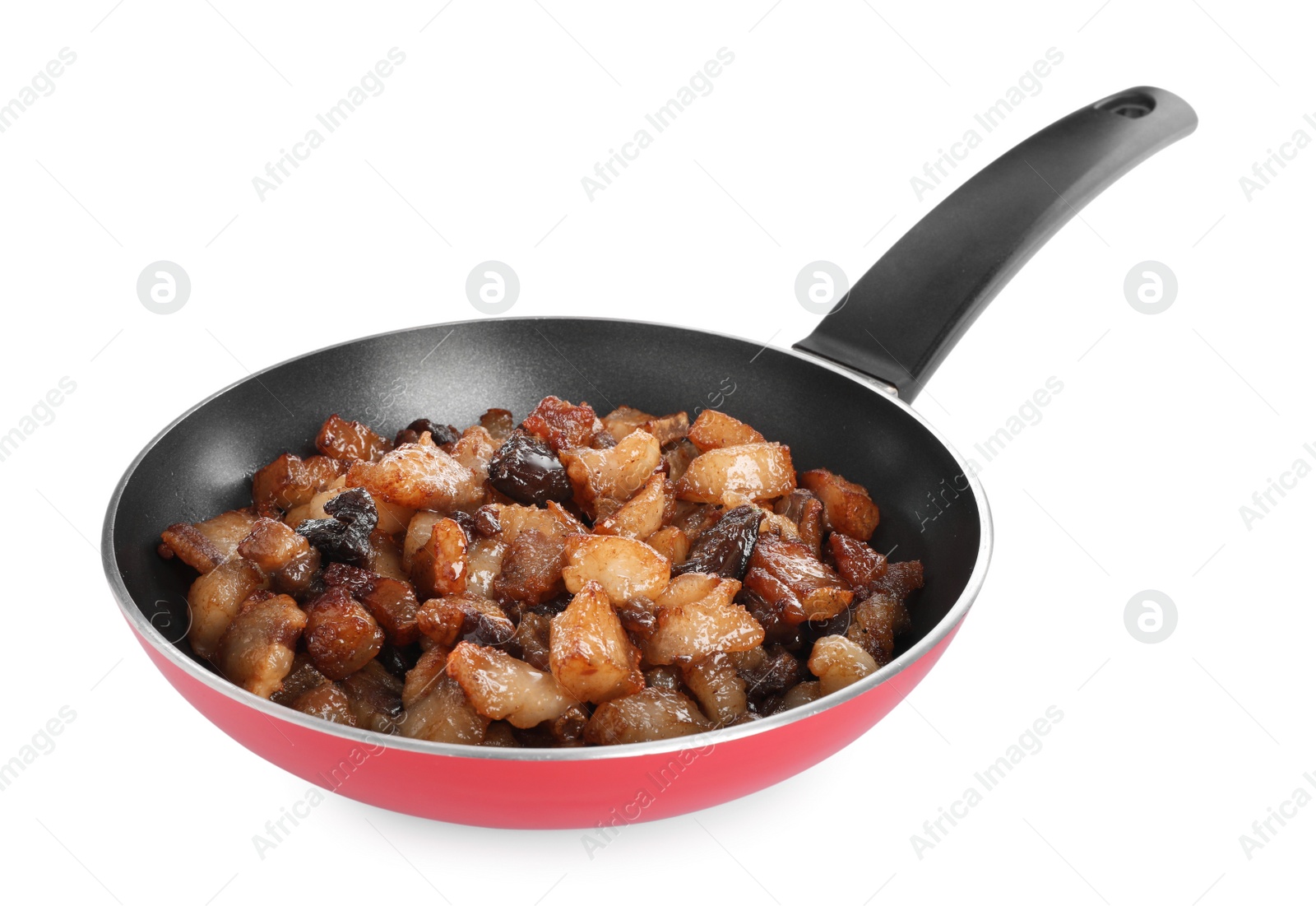 Photo of Tasty cracklings in frying pan isolated on white. Cooked pork lard