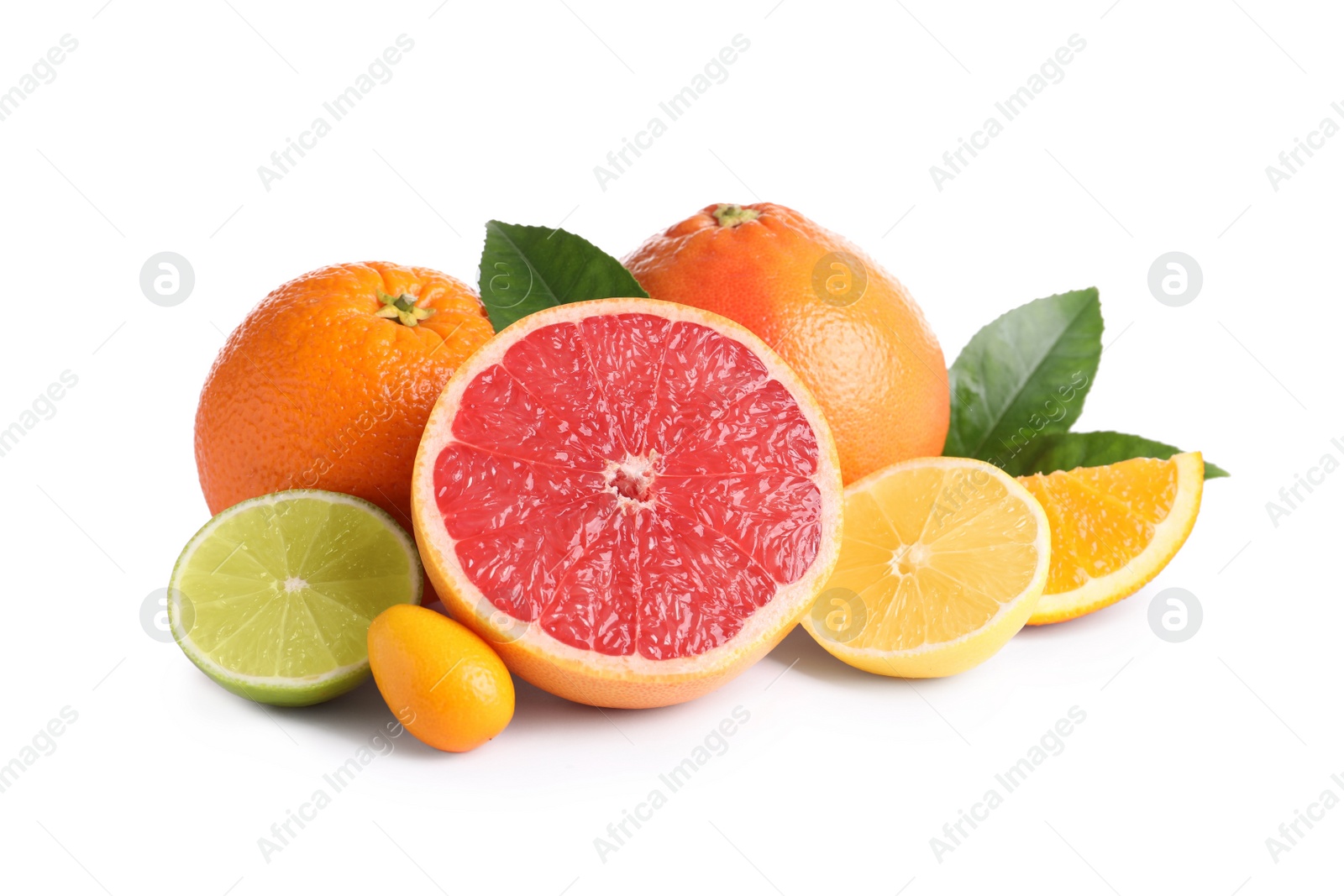 Photo of Fresh juicy citrus fruits with green leaves on white background