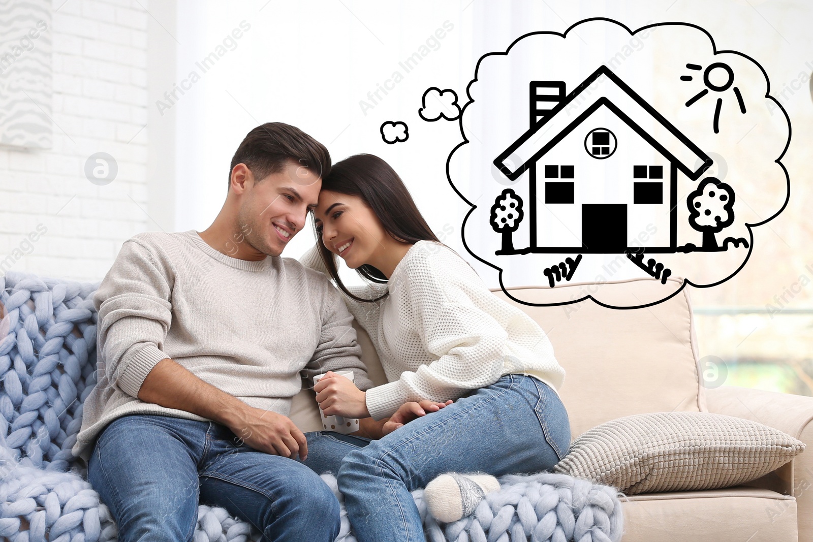 Image of Lovely couple dreaming about new house. Illustration in thought bubble