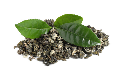 Fresh and dry leaves of tea plant on white background