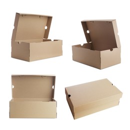 Image of Set with cardboard boxes for shoes on white background