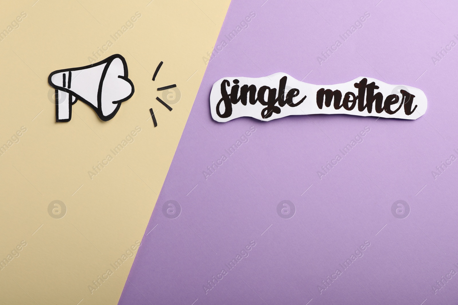 Photo of Words Single Mom and loudspeaker made of paper on color background, flat lay