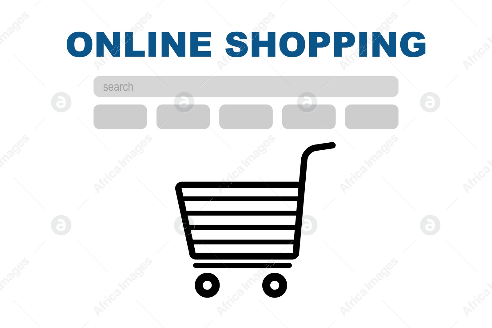 Illustration of Online shopping. Website interface with search bar and illustration of cart on white background