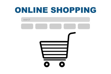 Online shopping. Website interface with search bar and illustration of cart on white background