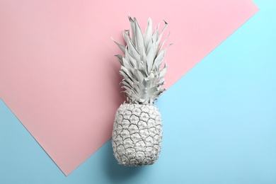 Photo of White pineapple on color background, top view. Creative concept