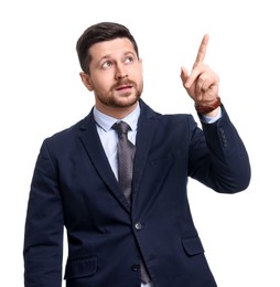 Photo of Handsome bearded businessman in suit pointing at something on white background