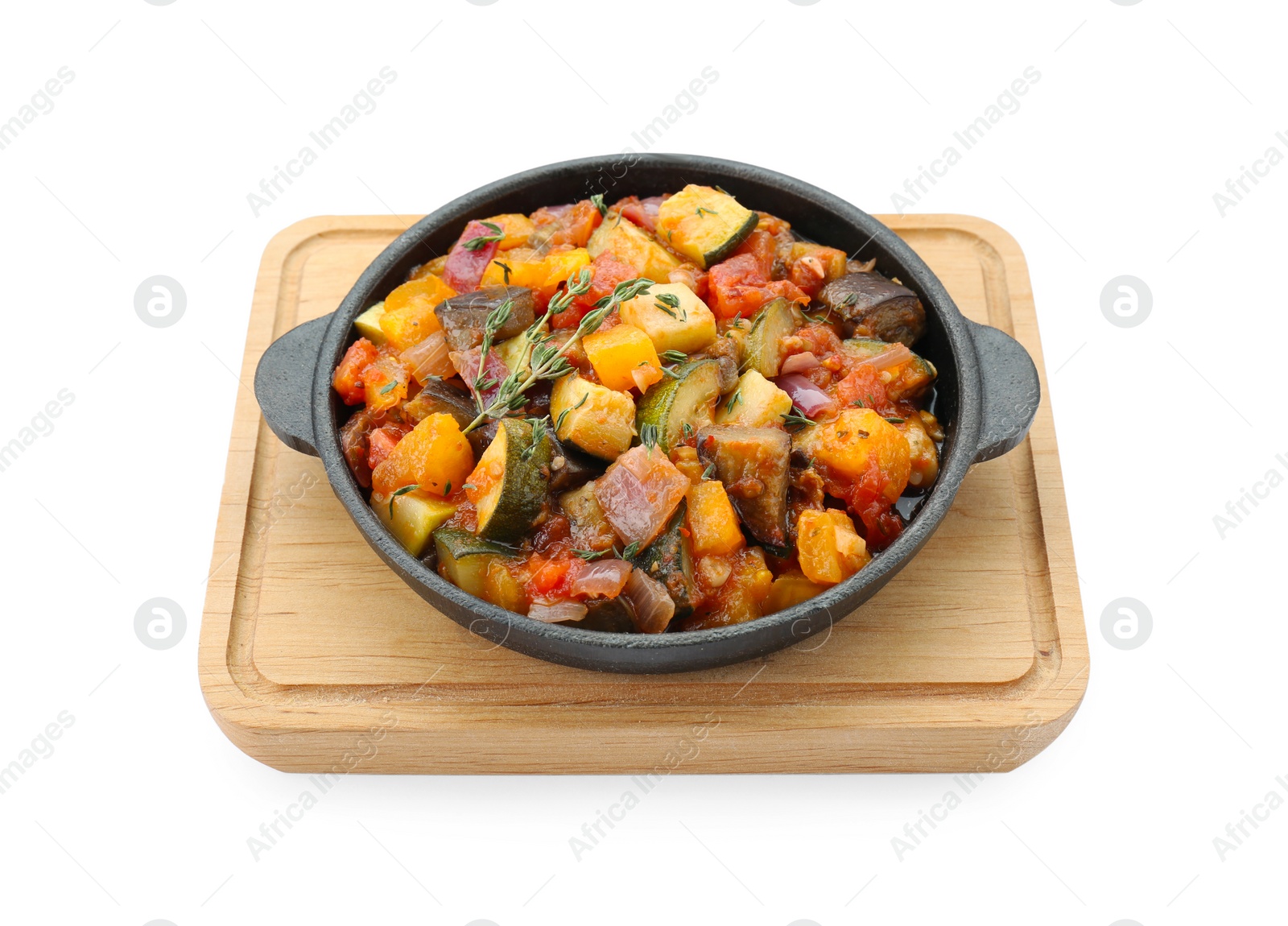 Photo of Dish with tasty ratatouille isolated on white