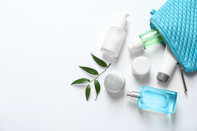 Flat lay composition with cosmetic products on white background