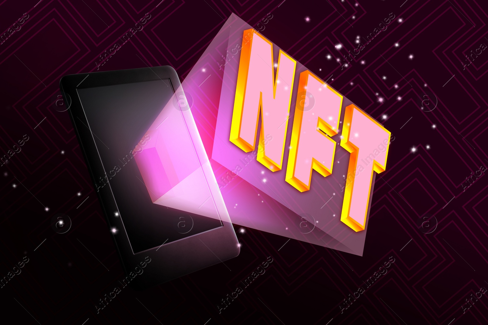 Image of Abbreviation NFT (non-fungible token) and device on purple gradient background