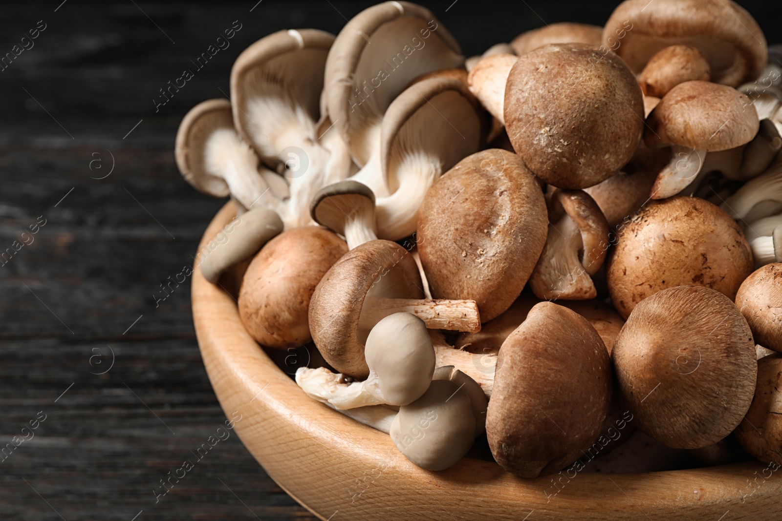 Photo of Different fresh wild mushrooms in bowl on wooden table, closeup