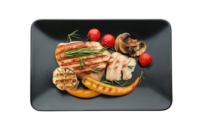 Photo of Tasty grilled chicken fillet with rosemary and vegetables isolated on white, top view