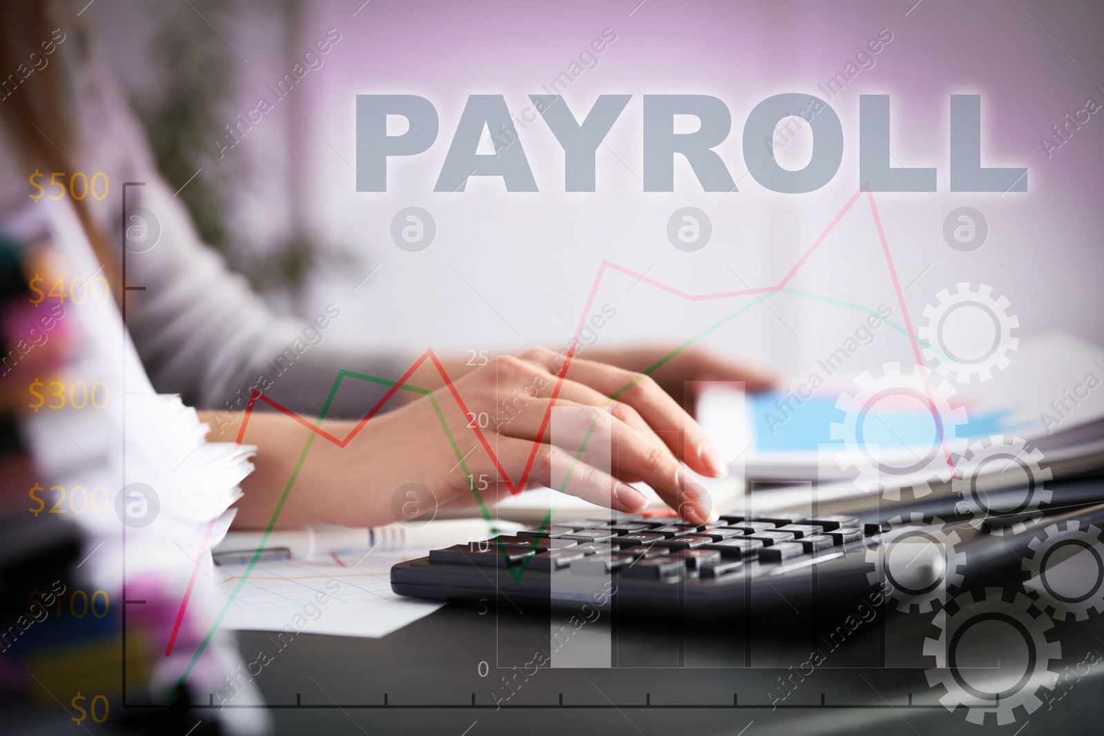Image of Payroll. Woman using calculator at table, closeup. Illustrations of graphs and icons