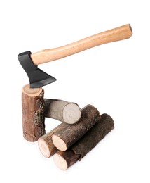 Photo of Metal ax and wood logs on white background