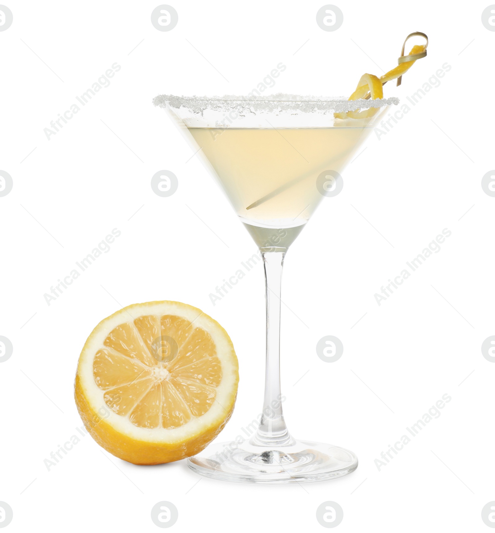 Photo of Lemon drop martini cocktail and fresh fruit on white background