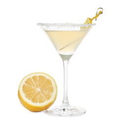 Photo of Lemon drop martini cocktail and fresh fruit on white background