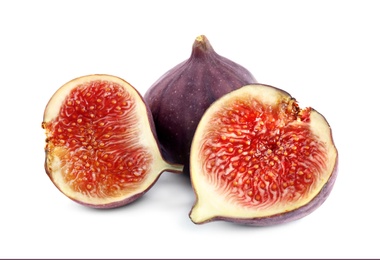 Photo of Tasty fresh fig fruits on white background