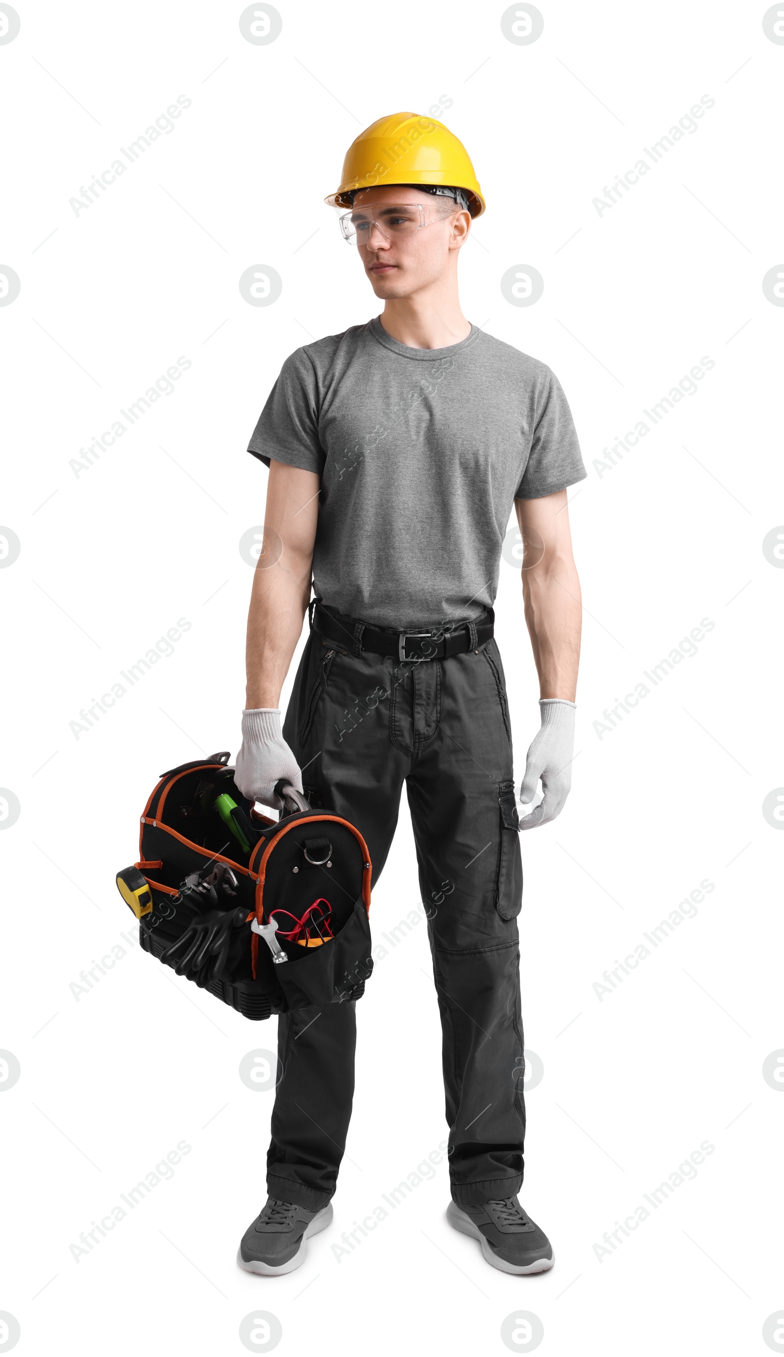 Photo of Professional repairman with tool box on white background