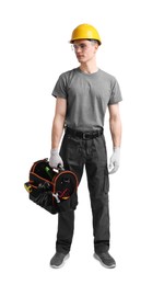 Photo of Professional repairman with tool box on white background