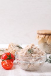 Delicious lard spread in bowl on table