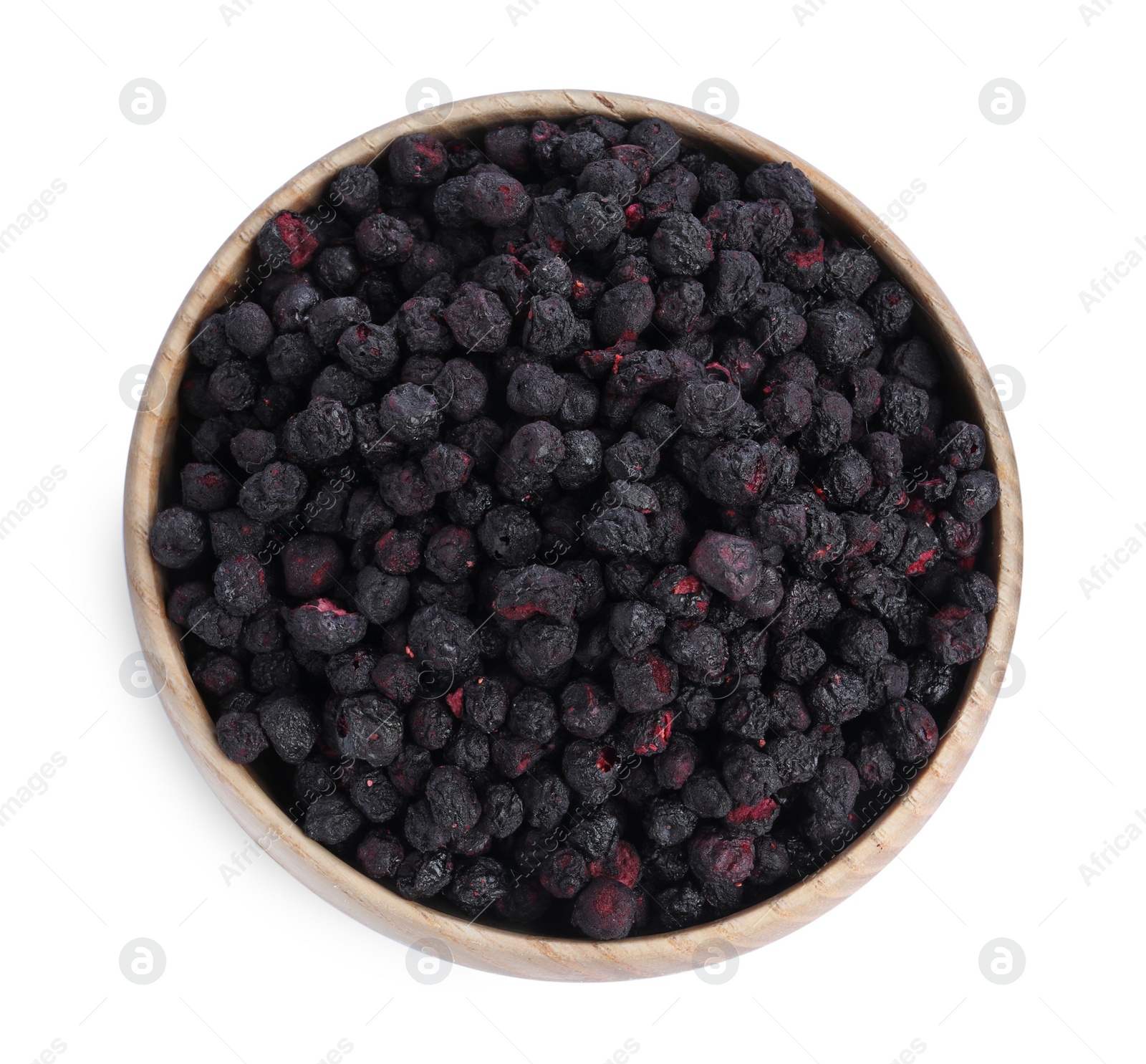 Photo of Freeze dried blueberries in bowl on white background, top view