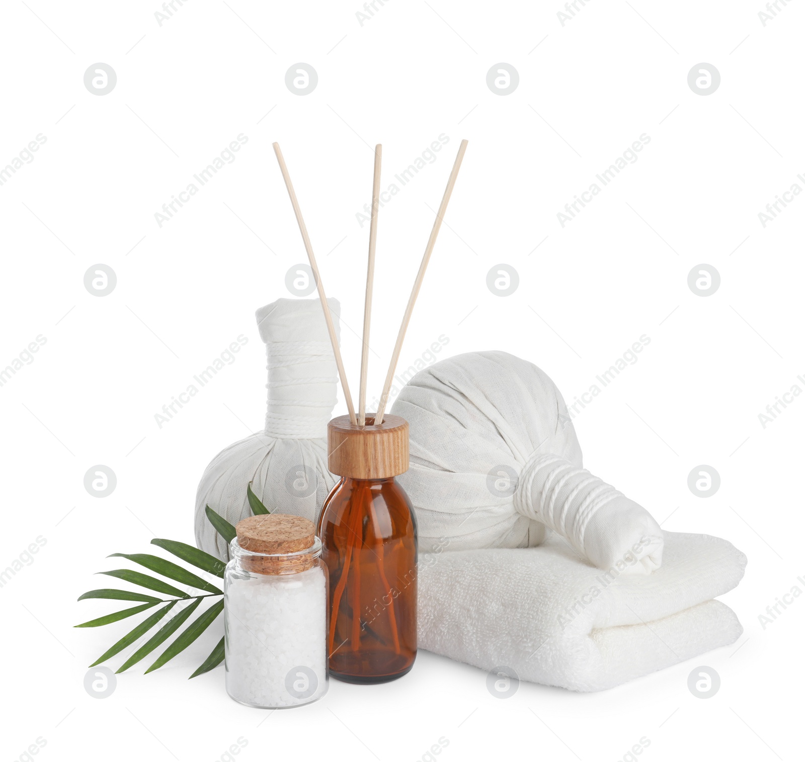 Photo of Beautiful composition with different spa products on white background