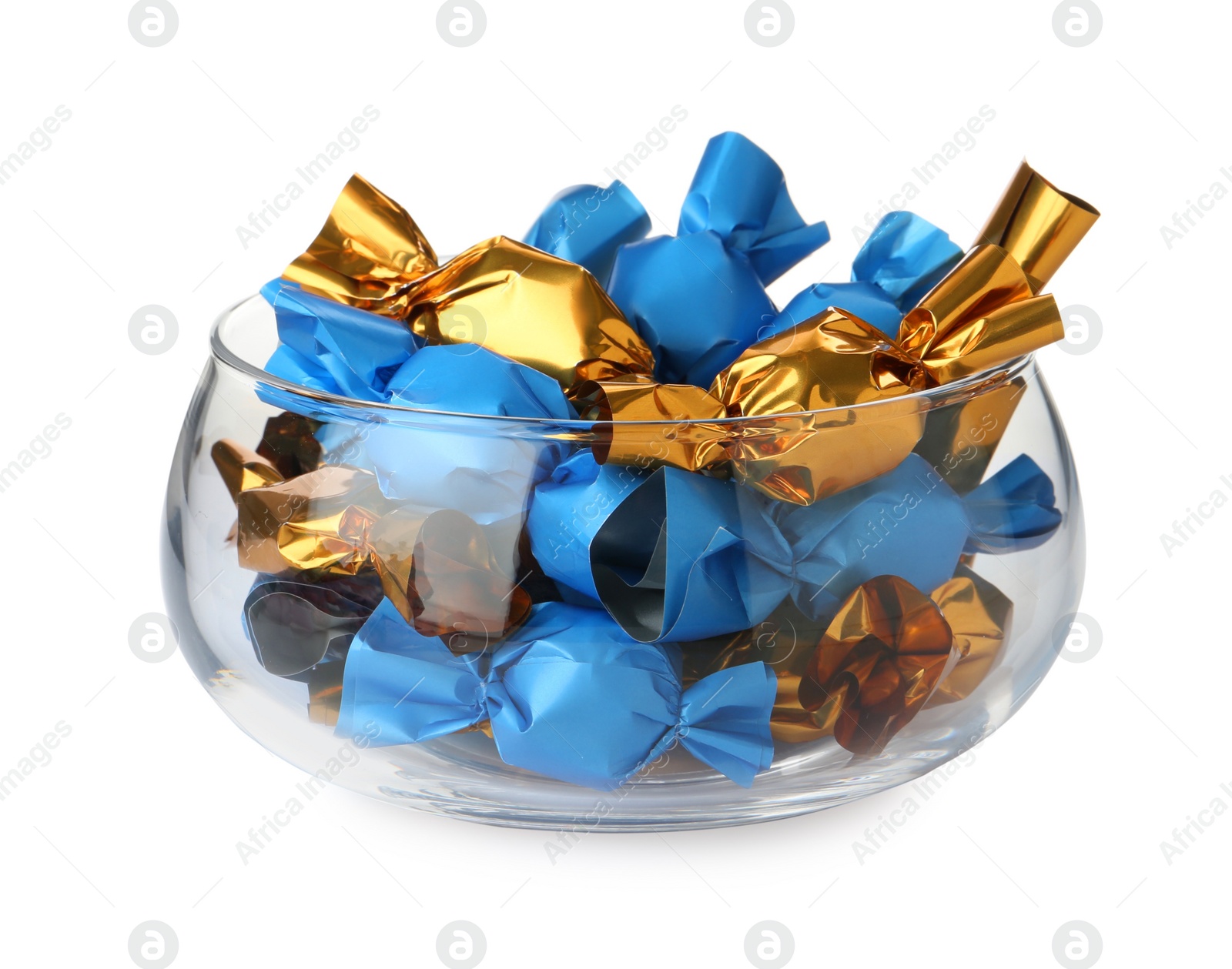 Photo of Bowl with candies in colorful wrappers isolated on white