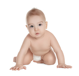 Cute little baby in diaper on white background