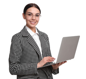 Young businesswoman with laptop on white background