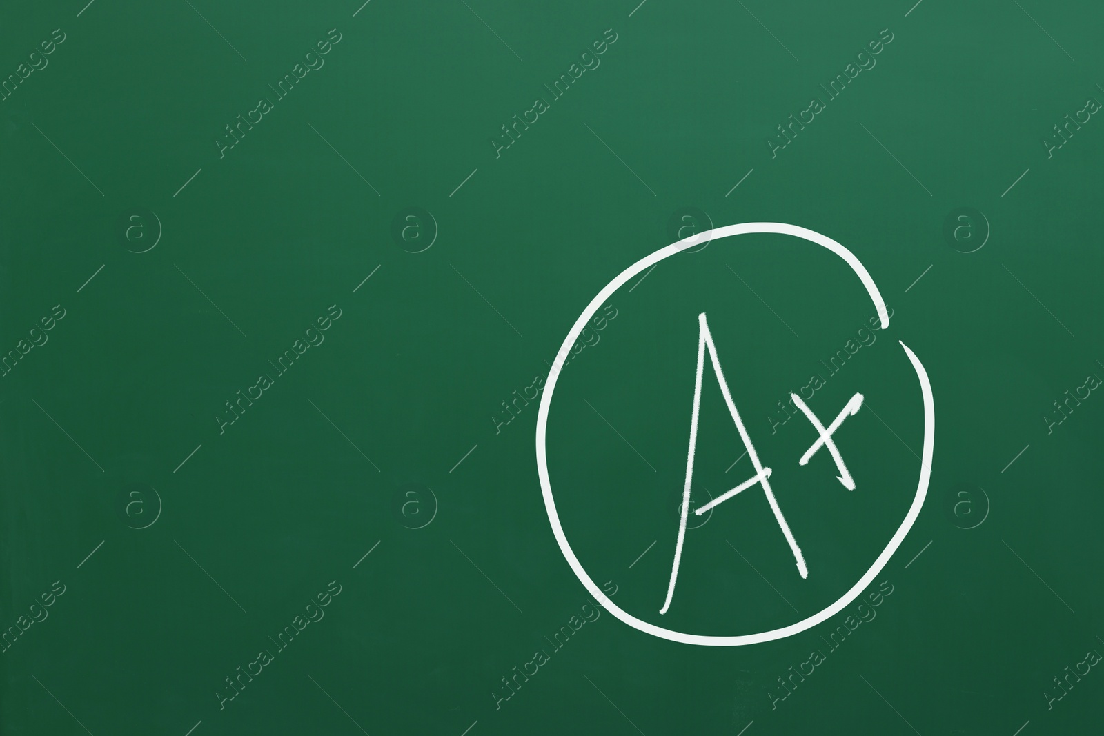 Image of School grade. Letter A with plus symbol on green chalkboard