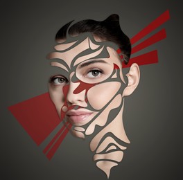 Image of Stylish creative artwork. Portrait of beautiful woman made with face photo pieces on color background