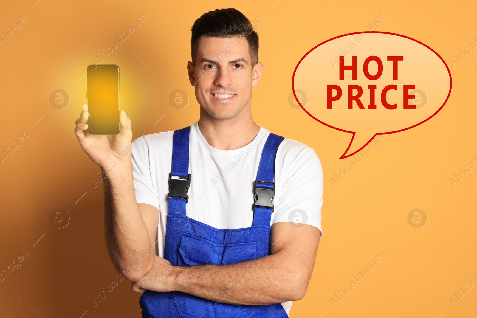 Image of Smartphone repairing by hot price. Man with mobile phone on orange background
