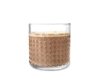 Photo of Glass of aromatic hot coffee on white background