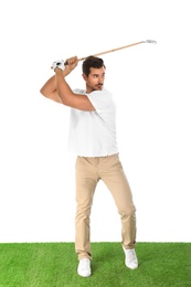 Photo of Young man playing golf on white background