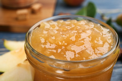 Photo of Closeup view of tasty homemade pear jam