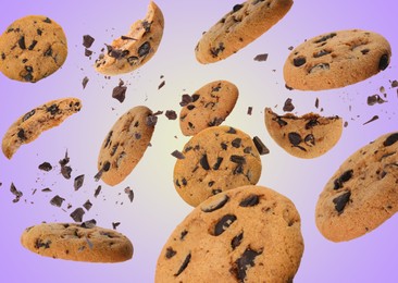 Image of Tasty chocolate chip cookies falling on violet gradient background