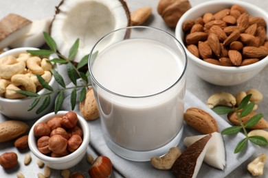Photo of Vegan milk and different nuts on light table, closeup