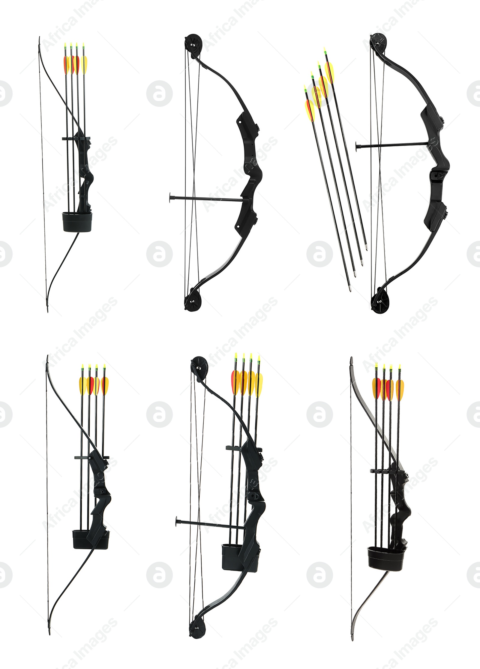 Image of Set with bows and arrows on white background