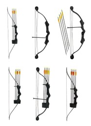 Image of Set with bows and arrows on white background