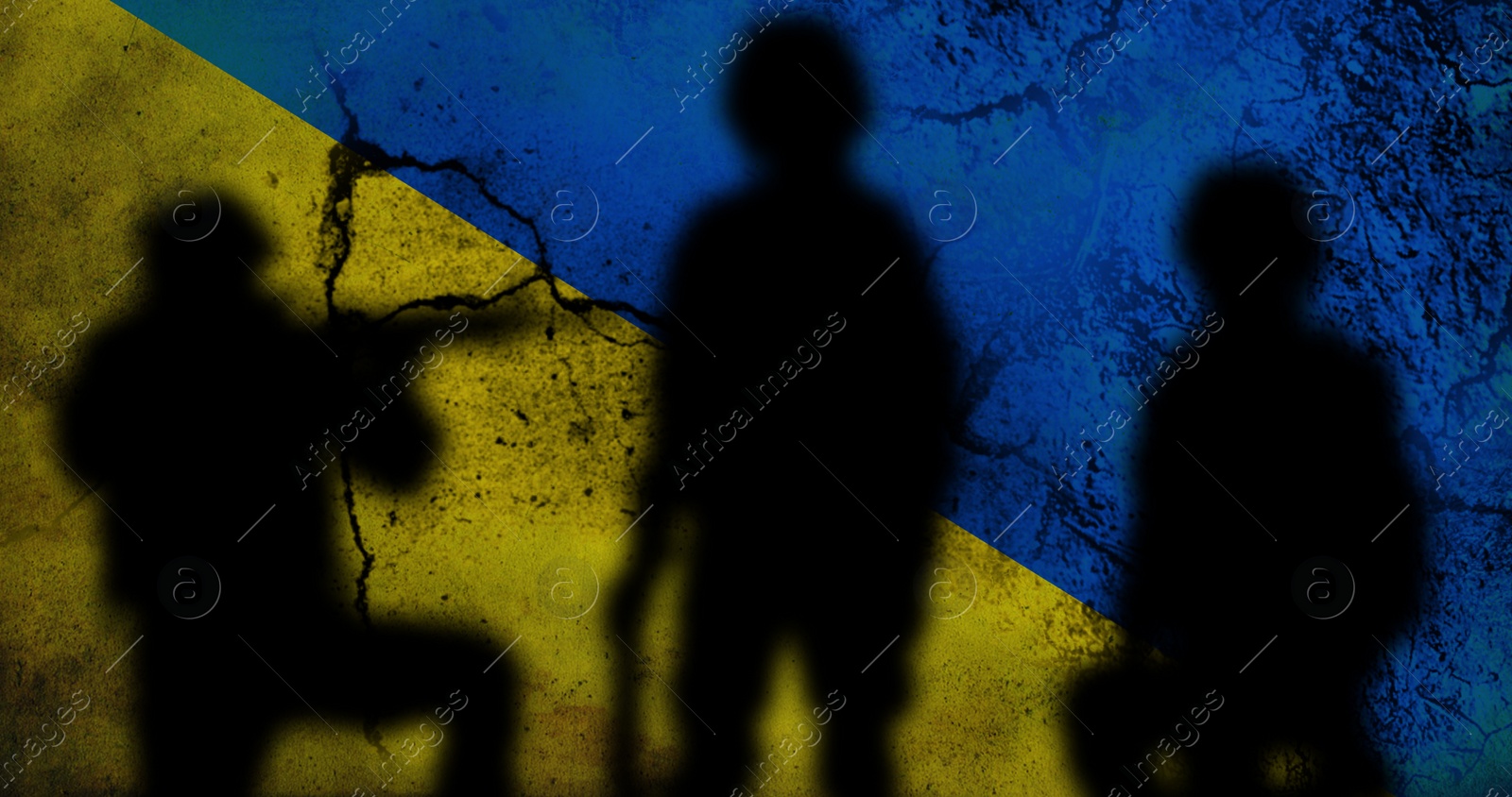 Image of Silhouettes of soldiers with Ukrainian flag colors on background. Military service during war