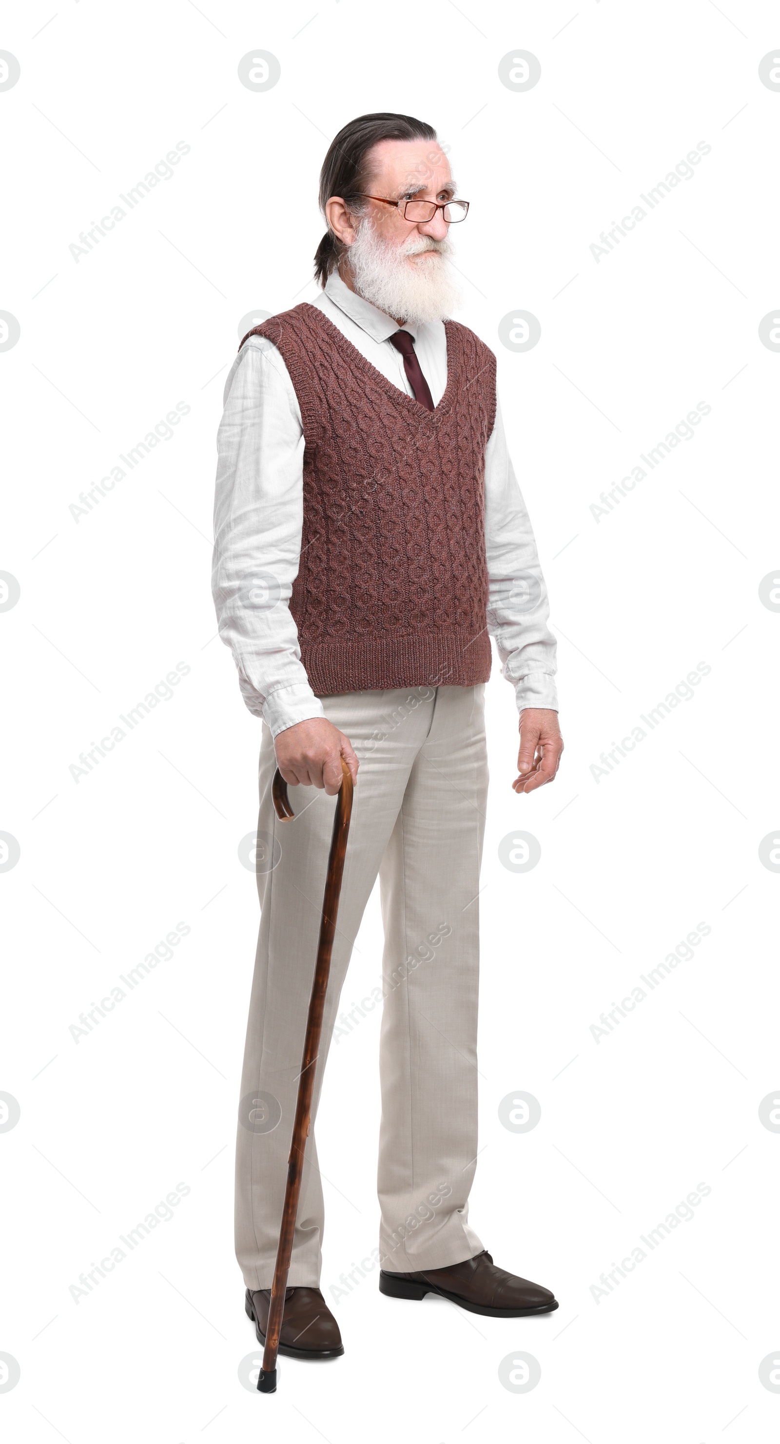 Photo of Senior man with walking cane on white background