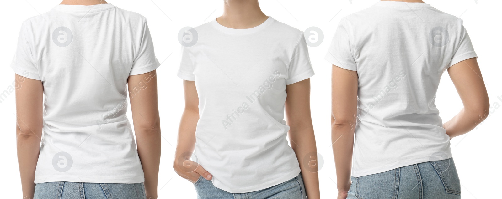 Image of Closeup view of woman in t-shirt on white background, collage. Space for design