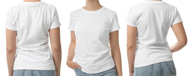 Image of Closeup view of woman in t-shirt on white background, collage. Space for design