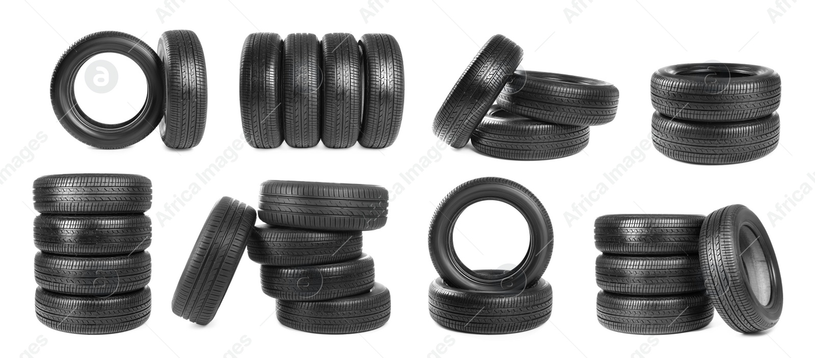 Image of Set with car tires on white background. Banner design
