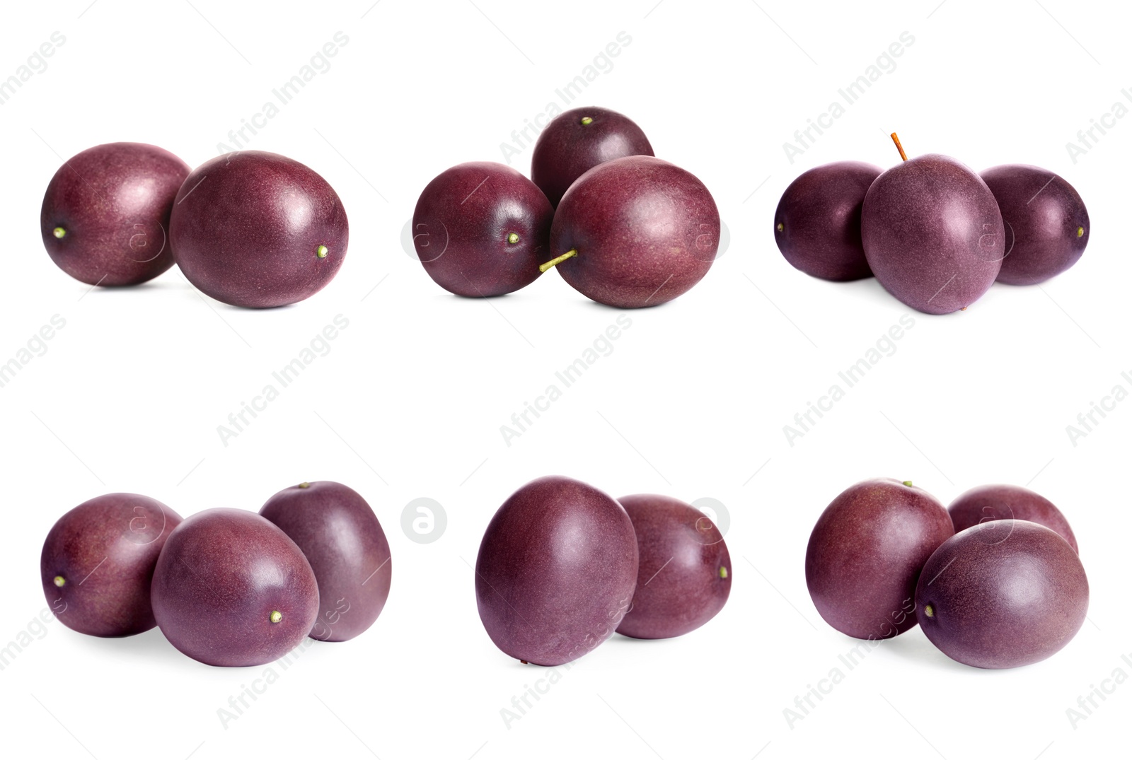 Image of Set with delicious passion fruits on white background