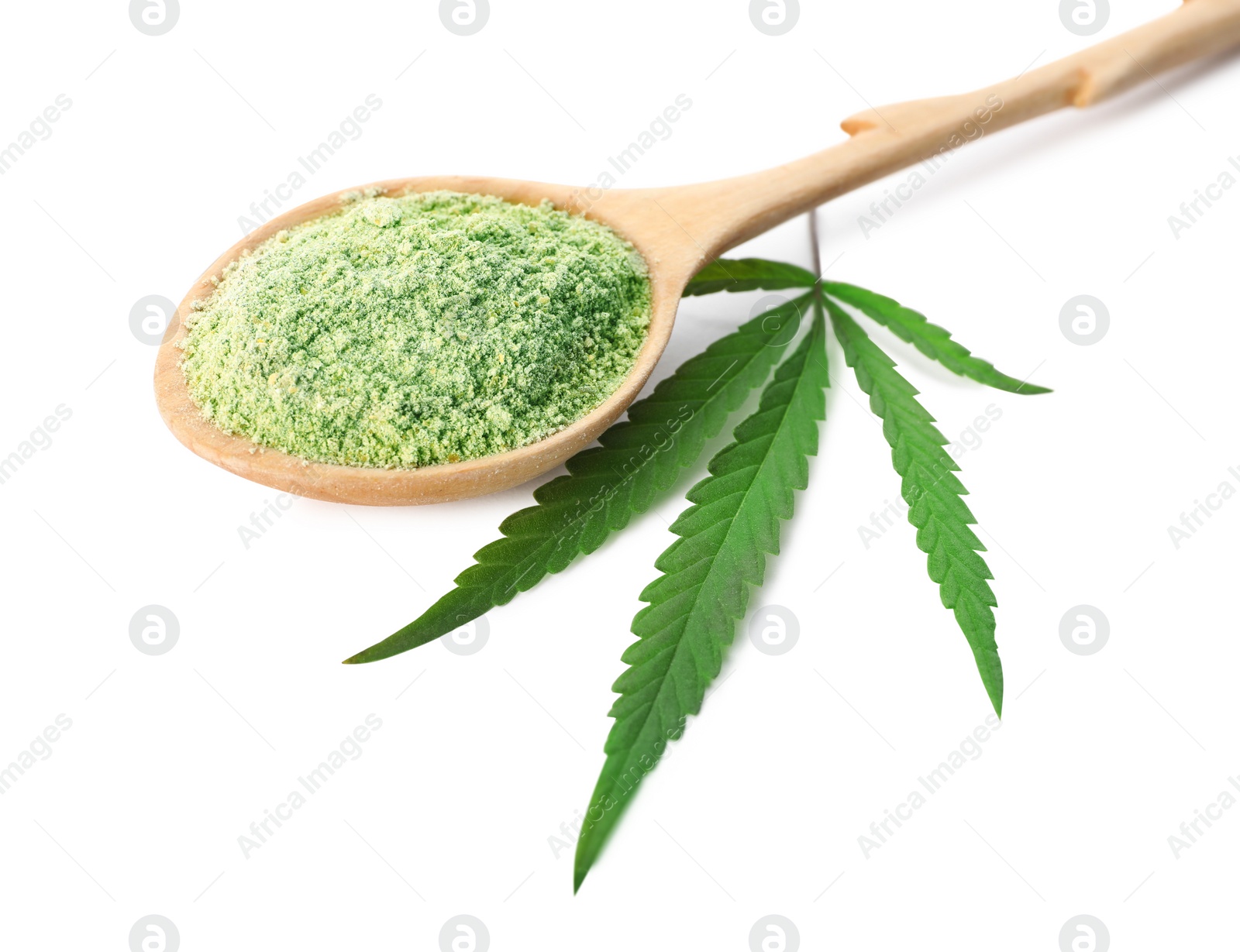 Photo of Spoon of hemp protein powder and leaf isolated on white